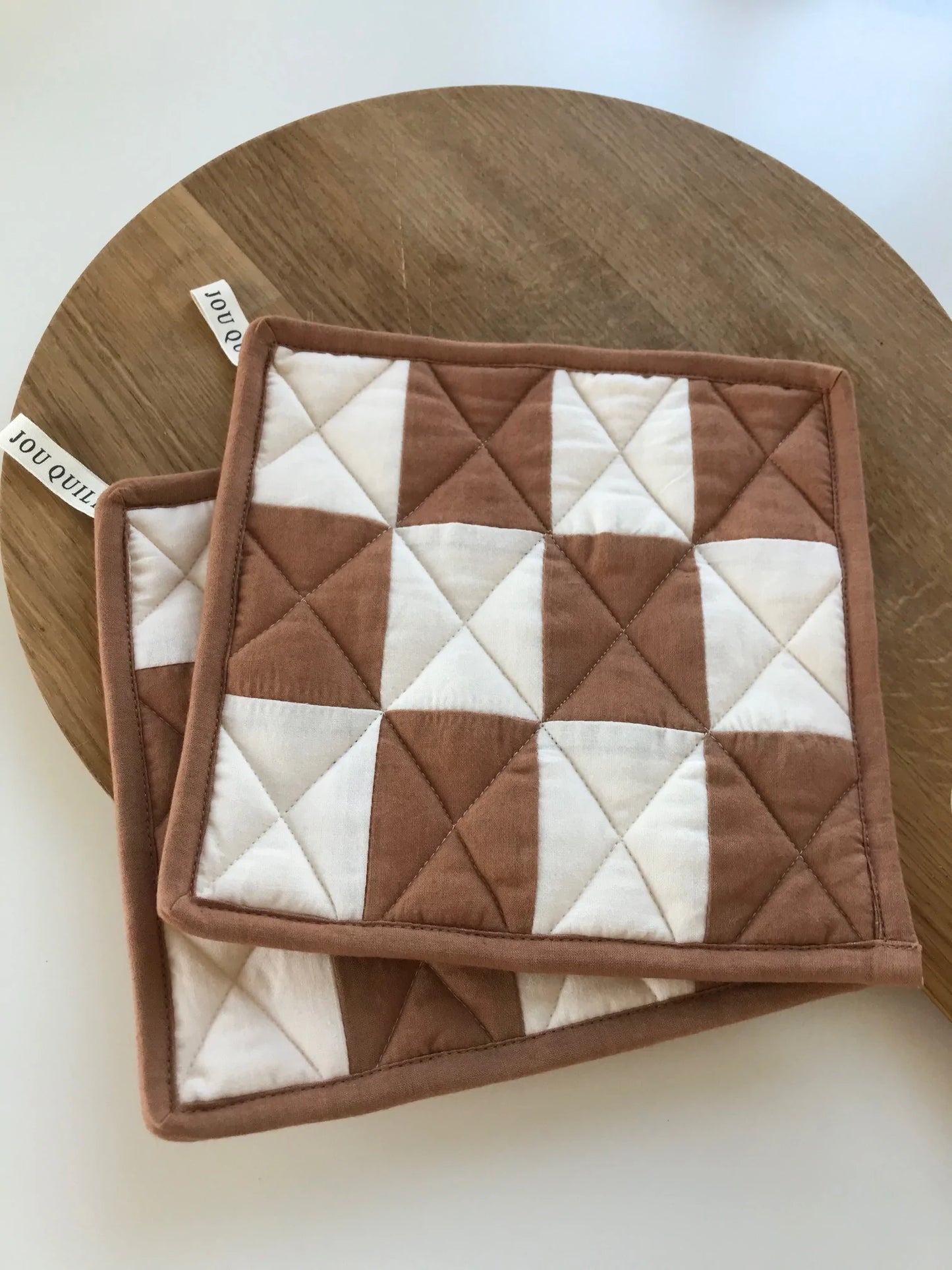 Quilted Patchwork Pot Holders - Cognac & Creme