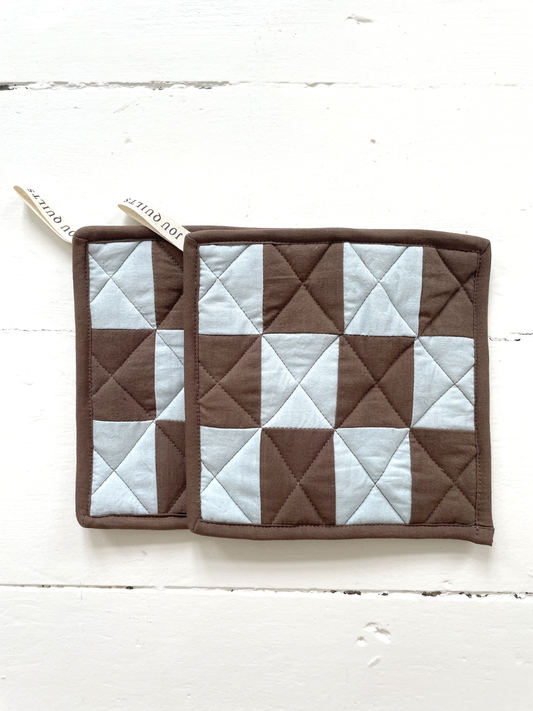 Quilted Patchwork Pot Holders - Brown & Lightblue